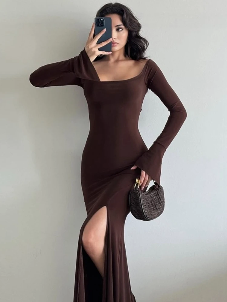 Elegancka sukienka maxi z odkrytymi ramionami, długim rękawem, wiązana w talii, dopasowana, z wysokim rozcięciem, w stylu syreny, vintage chic.