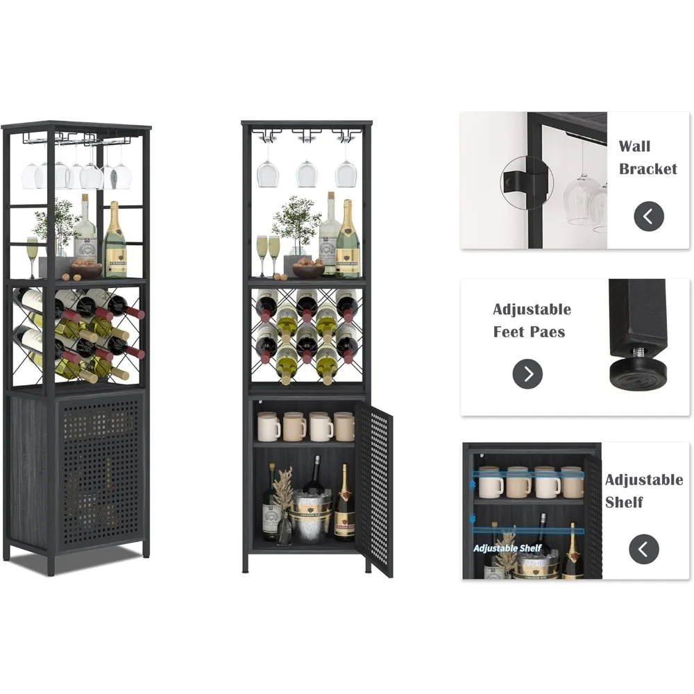 O & K FURNITURE-Armoire à vin T1 autoportante, française ou avec porte-verre, cave à vin avec étagère réglable pour le salon