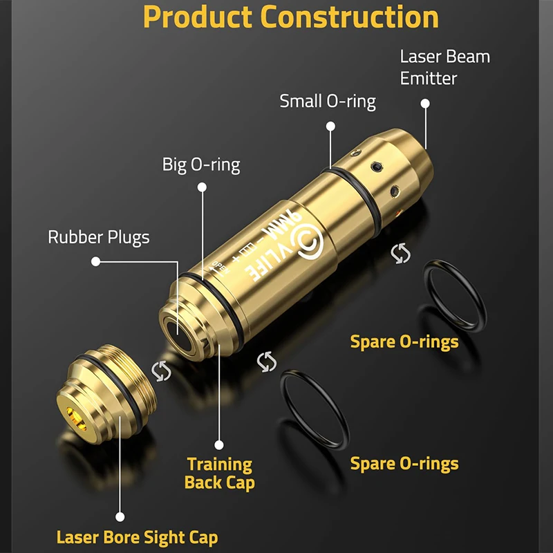 Laser Training Cartridge 9MM Bore Sight Dual Purpose with 9 Batteries With Extra Back Cap Box Rubber Plugs Dry Fire Bullet