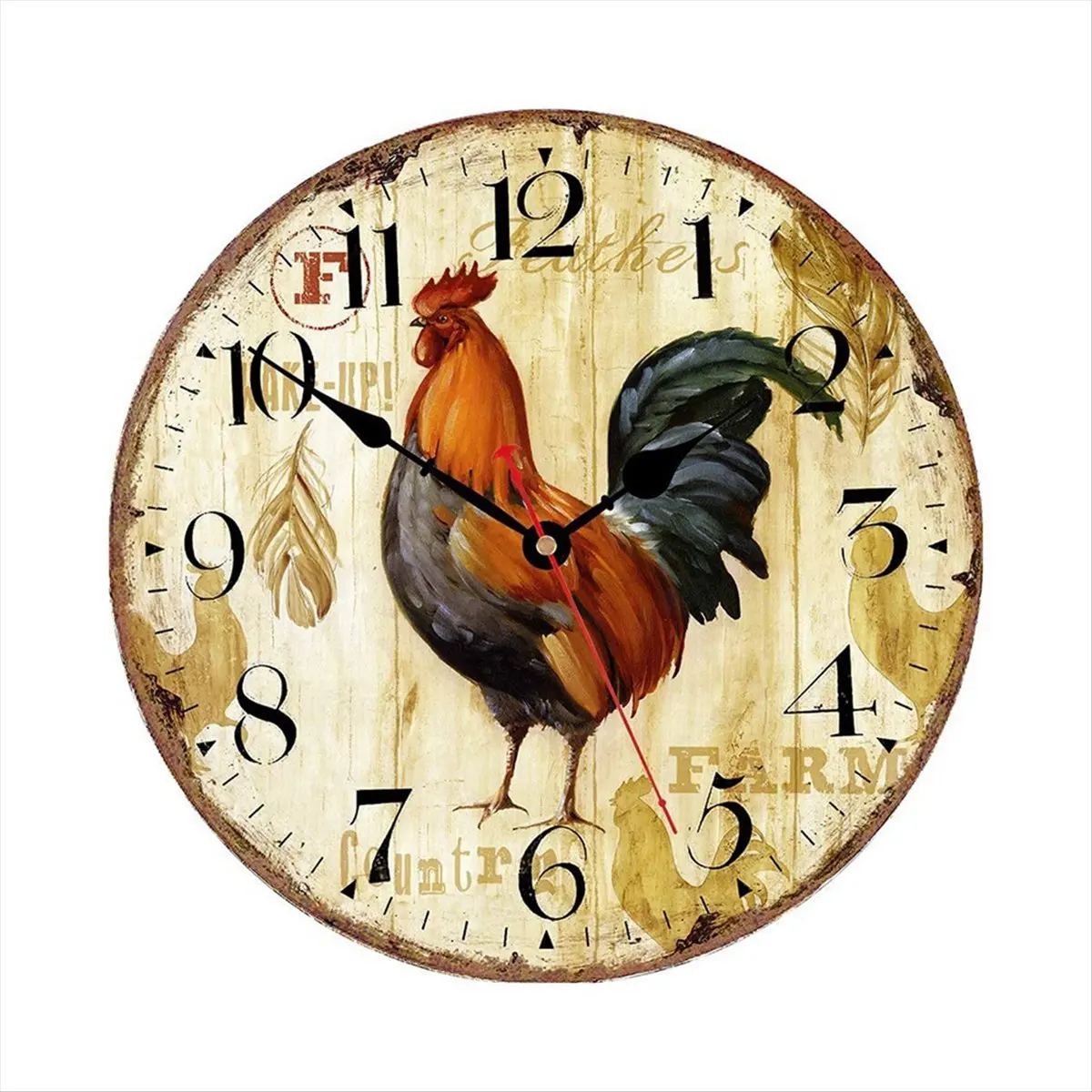 MALL Kitchen Wall Clock 12 Inch Rustic Rooster Silent Non Ticking Wall Clock Quartz Battery Operated Round Wall Clock