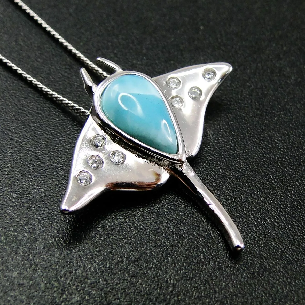 Vintage Larimar Jewelry 925 Sterling Silver Pendant Blue Natural Larimar Stingray Pendant Neckalce for Women Gift