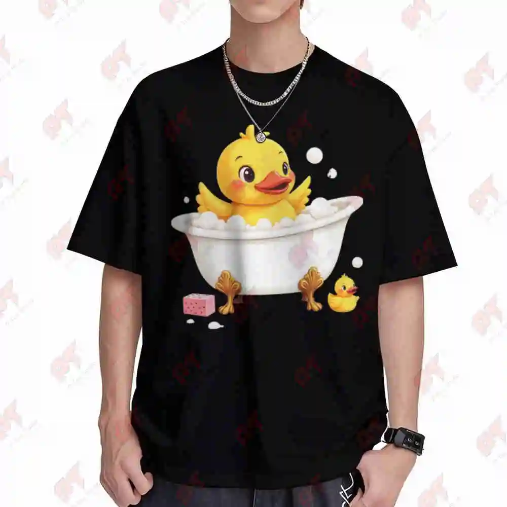 Yellow Duck Bathtub Bubbles Cute Cartoon Short Sleeve Tee 100% Cotton T-Shirt