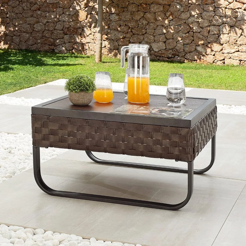 Table furniture outdoor square with rattan core metal Flat noodles steel frame aluminum plastic plate wood grain desktop