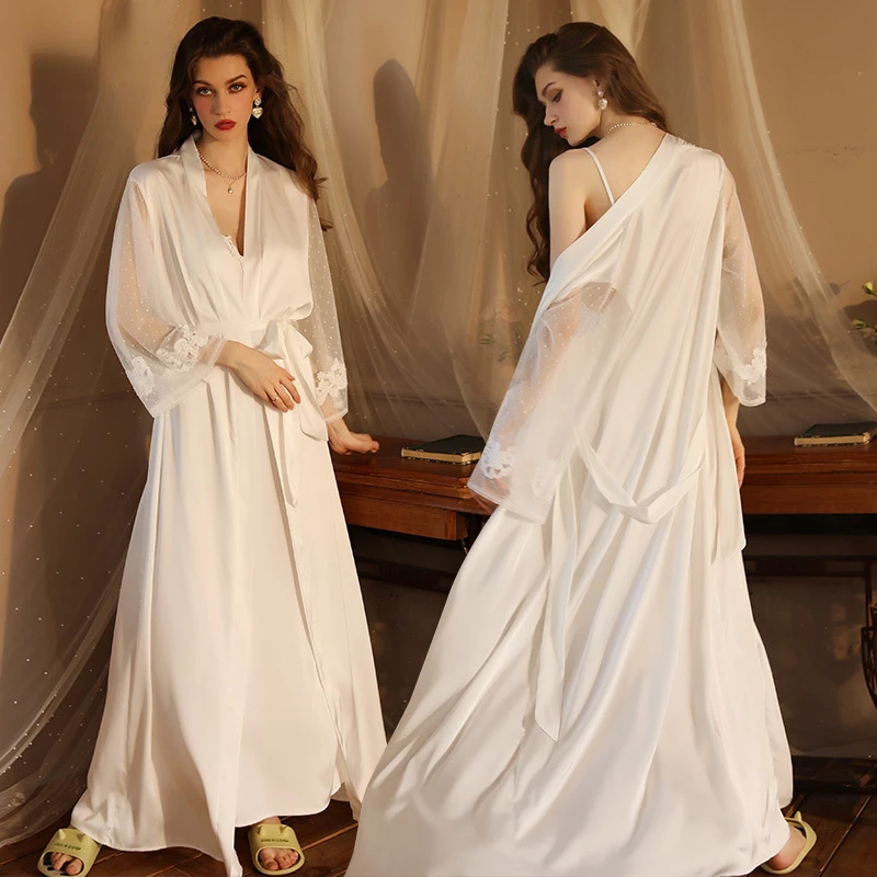 Sexy Silks Long Bathrobe Pajamas Women Nightgown Sets Robe Cardigan Luxury Night Gowns Loungewear High Quality Home Wear New