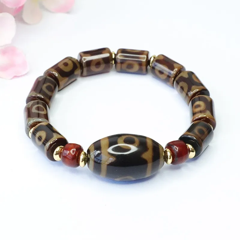 17mm Three Eye Dzi Bead Bracelet Agate Barrel Beads Ethnic Style Jewelry