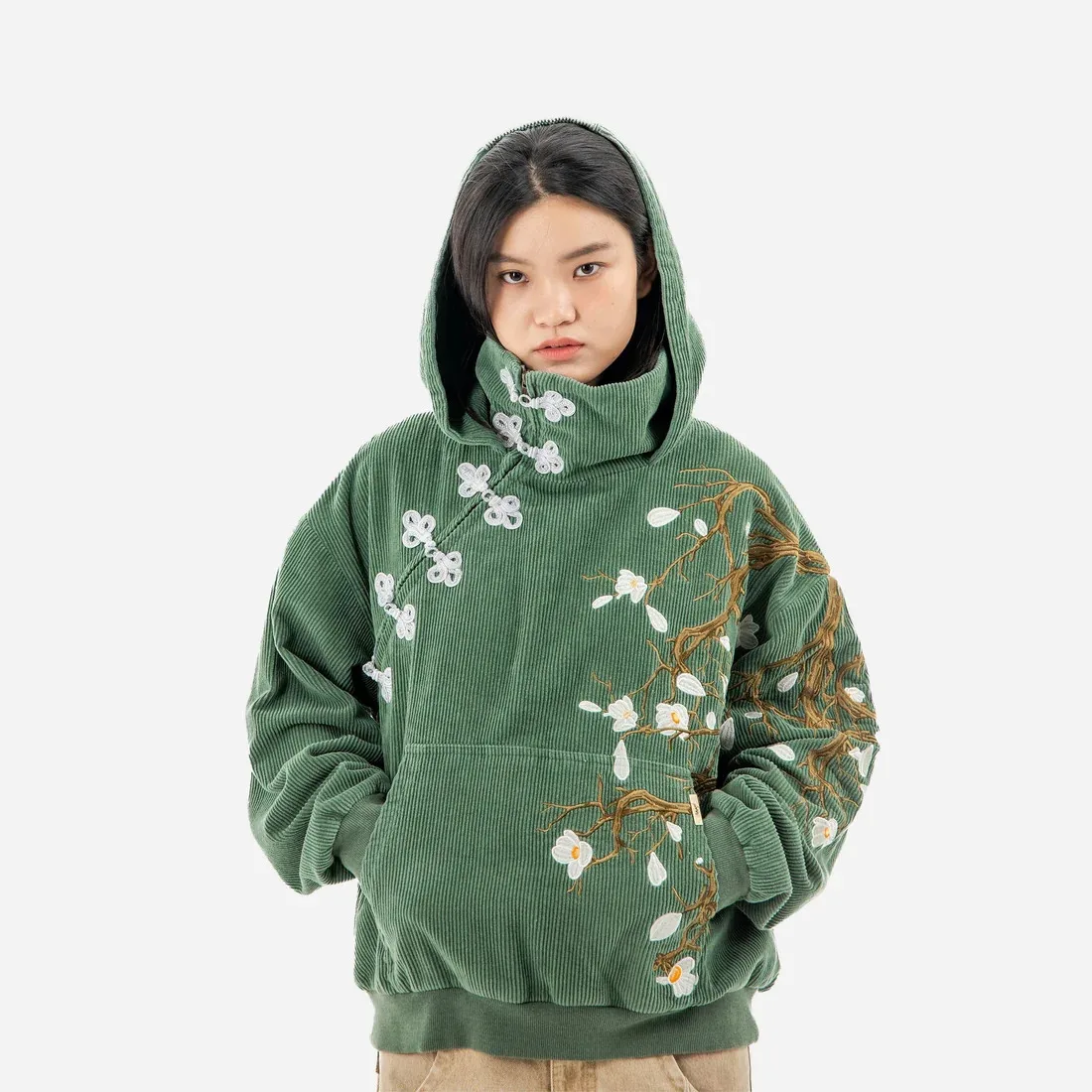 Y2K Vintage Green Corduroy Hoodie Ninja Hood Magnolia Branch Embroidery Functional Frog Buttons Oversized Cropped Sweatshirt