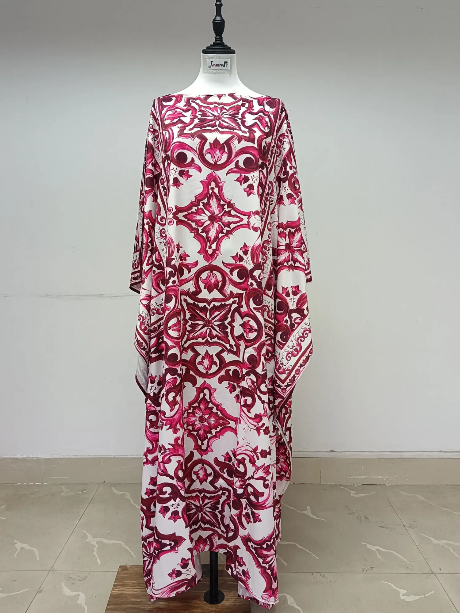 JAMERARY Autumn Runway Red Blue And White Porcelain Print Floral Maxi Dress Women Loose Robe Batwing Sleeve Split Long Vestidos