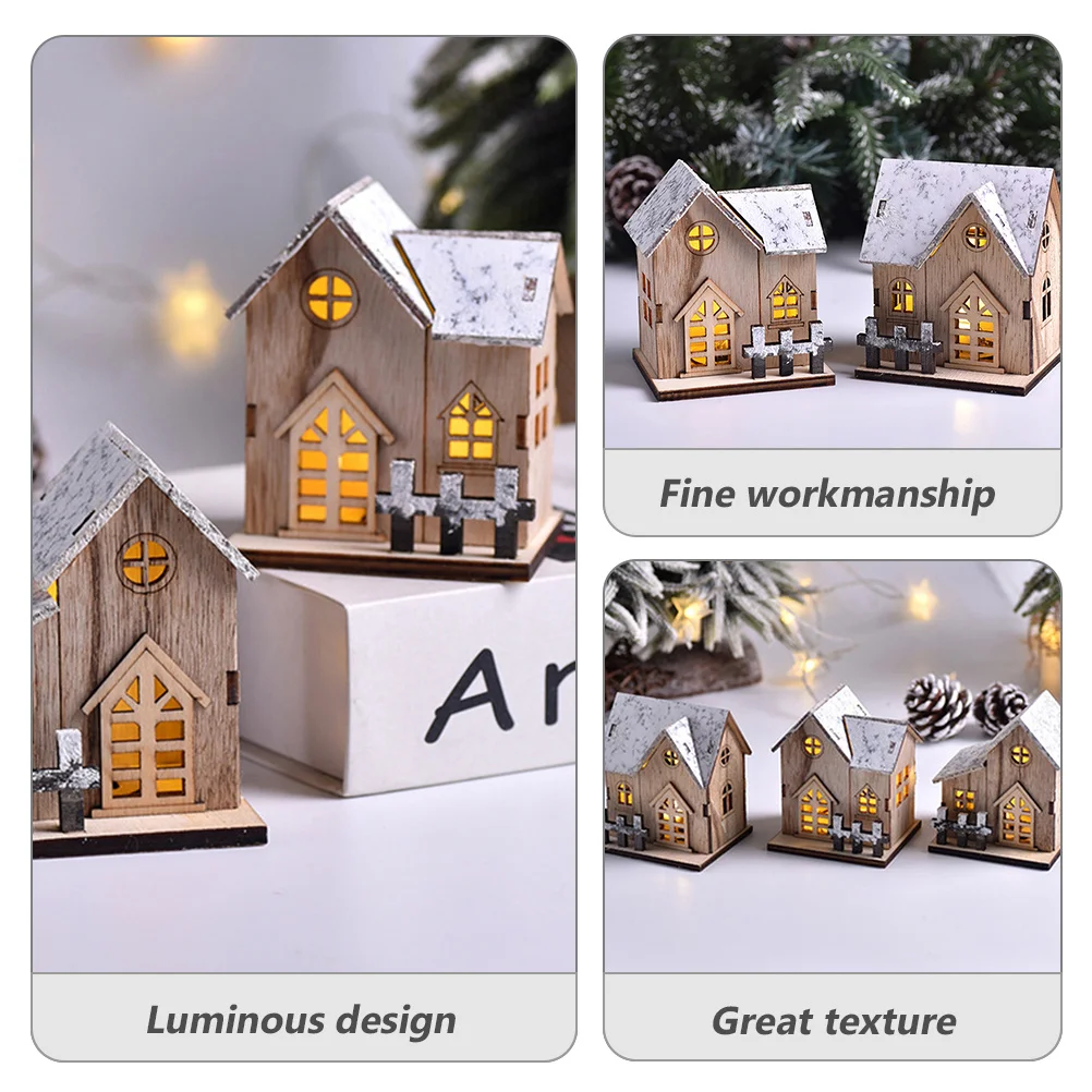 

2Pcs Luminous Small House Decor Christmas Wooden Mini House Ornament for Desktop Cabinet Holiday Party Gift Idea
