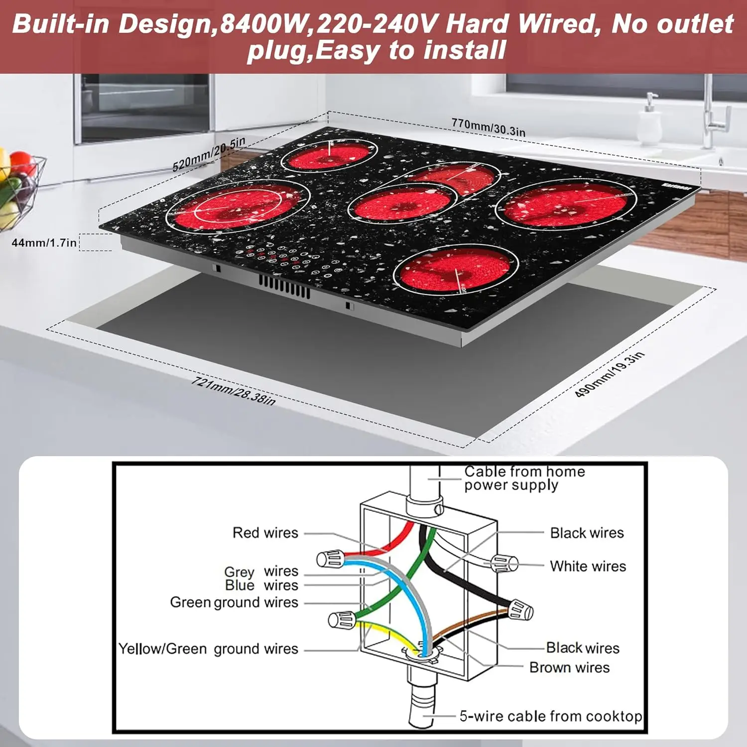 Karinear Electric Ceramic Cooktop 30 Inch, Built-in Stove Top 5 Burners with Marble Pattern, 8400W, 220-240V Hard Wire, No Plug