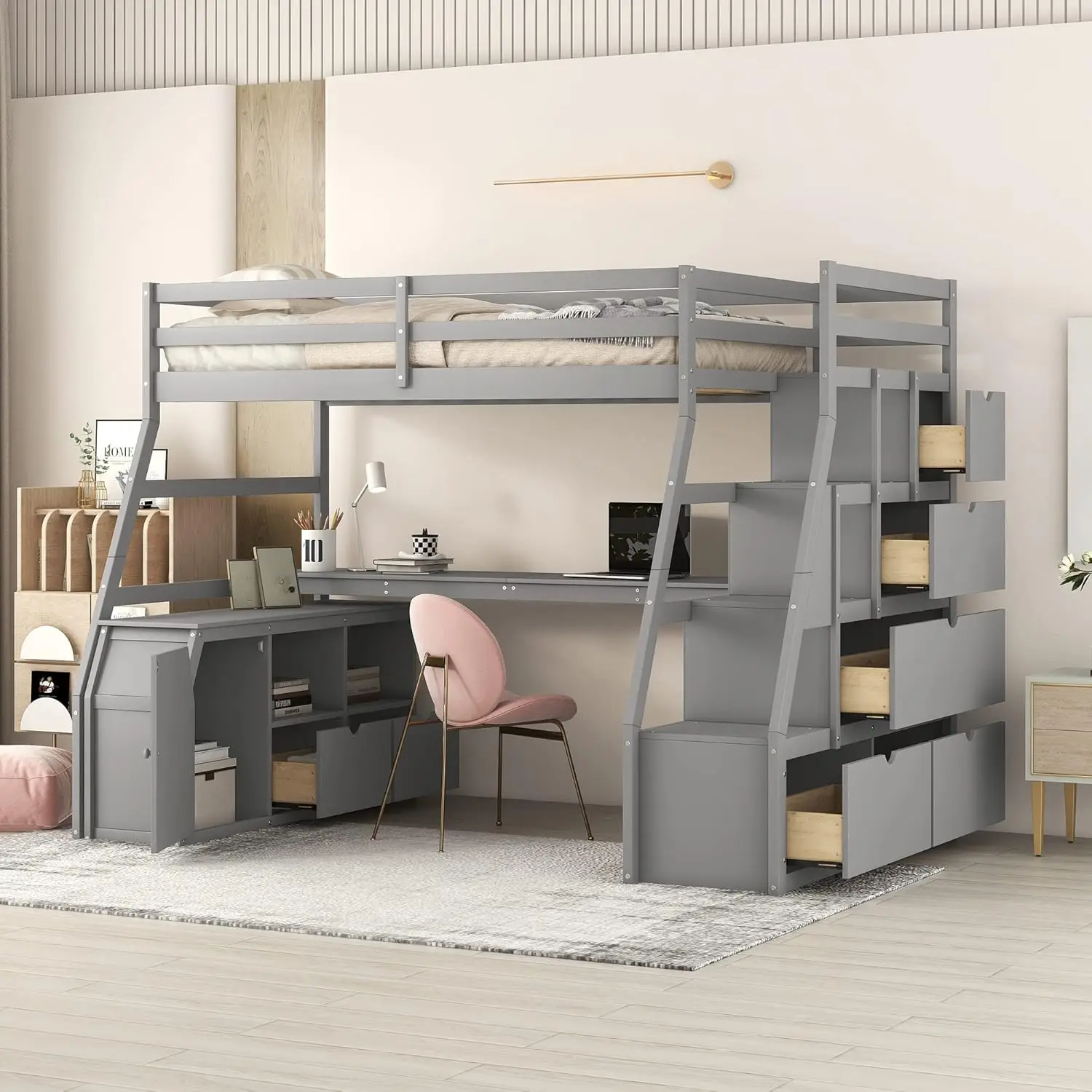 

Twin Size Loft Bed With Desk And 7 Drawers, Wooden Loft Bed With Storage Stairs And Shelves For Kids & Teens, Grey