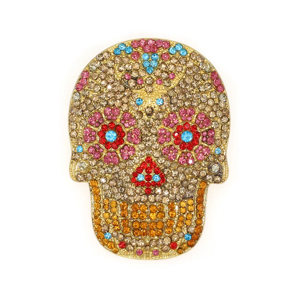 Wholesale Jewelry Fashion Skeleton Skull Brooch Pin Colorful Rhinestone Crystal Festival Decoration Custom Brooches