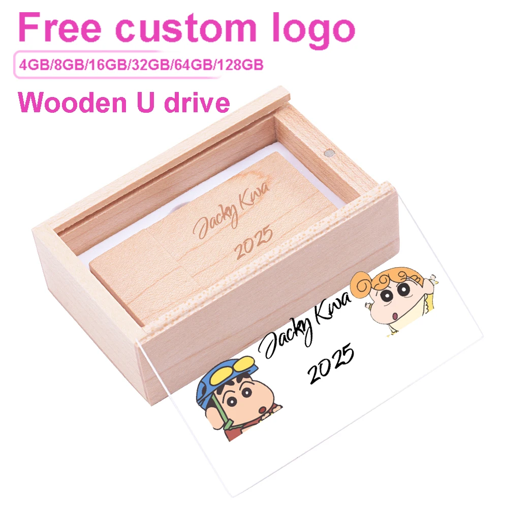 New Wooden USB Flash Drive 128GB Free Custom Logo Memory Stick 64GB Transparent Lid Box & Pendrive 32GB Photography Wedding Gift