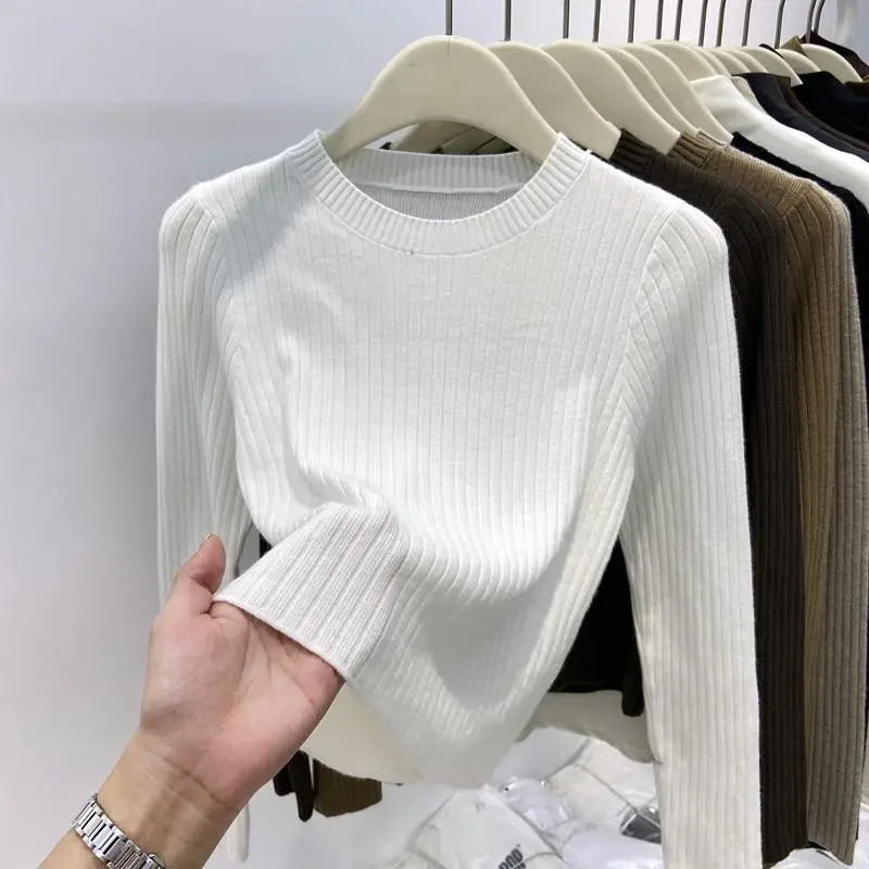 Autumn and Winter New Round Neck Pit Strip Sweater Women Slim Pullover Short Sweater Slimming Bottoming Shirt for Small People