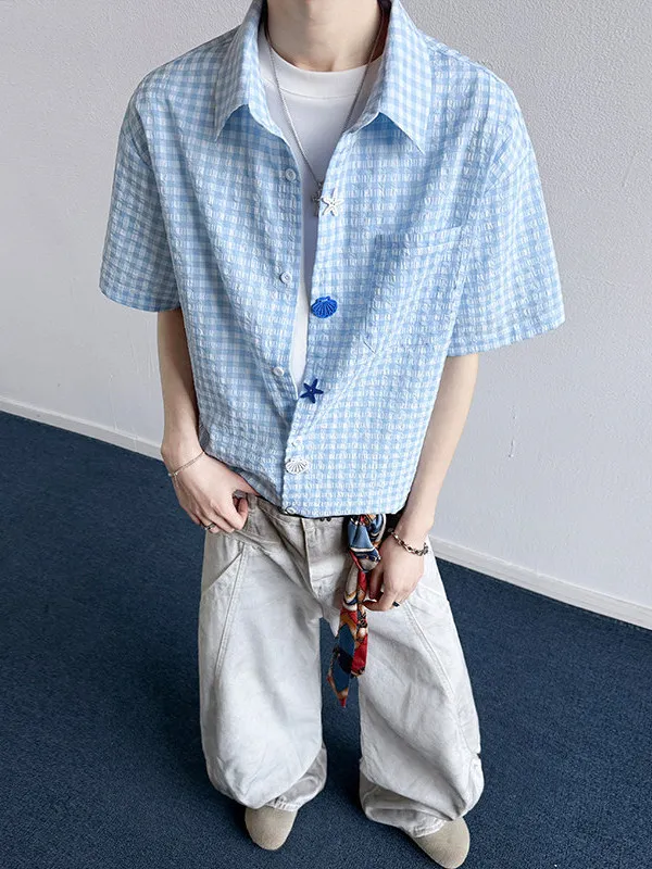 

Men's Loose ort Sve Plaid irt American Sle Spring Summer Trend Clean Boy's Outfit Casual Ciwalk Home Campus Date