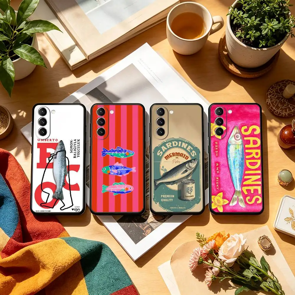 F-Fish Funny Sardines  Phone Case For Samsung S26,S25,S24,S23,S22,S21,S30,Ultra,Plus,Fe,Lite,Note,10,Black Cover