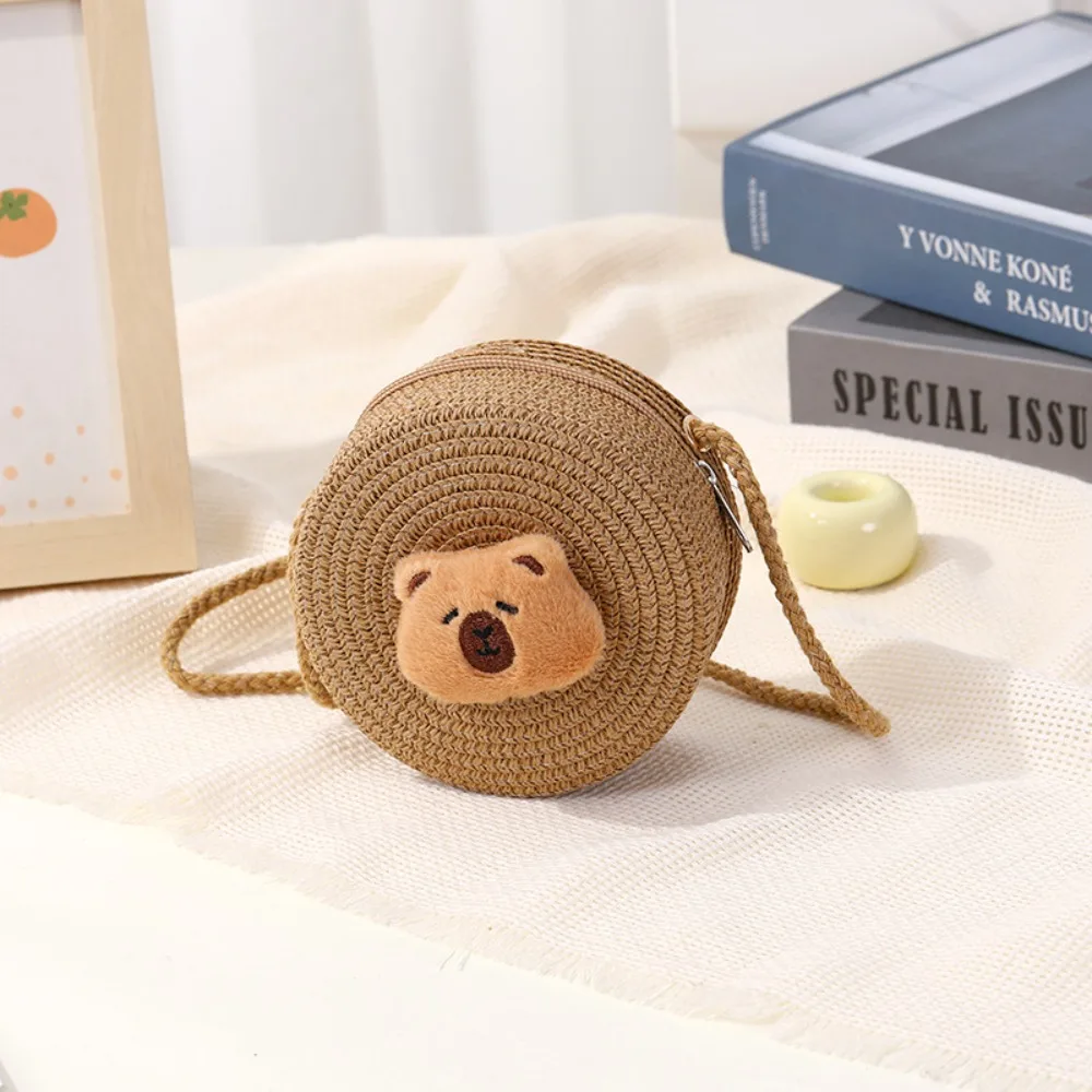 

Fashion Cartoon Capybara Kids Straw Bag Round/Flower Shape Handmade Crossbody Bag Woven Bucket Handbag for Children Girls