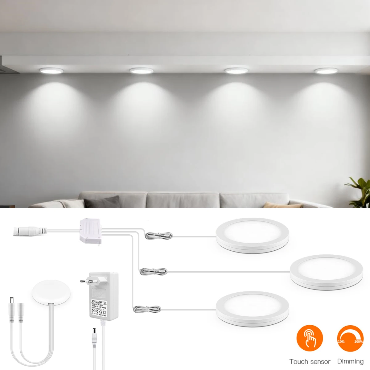 プレミアムアルミニウムシーリングライト-12v-タッチ調光式パックライト、20mmの木材-鏡に貫通可能、クローゼットやキャビネットの下の照明用スイッチ付き