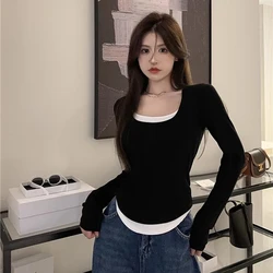 Fashion Fake Two Piece Long Sleeve T-shirts Women Y2K Korean Sexy Low Cut Patchwork Slim Tops Ladies Cotton Base Layer Tees New