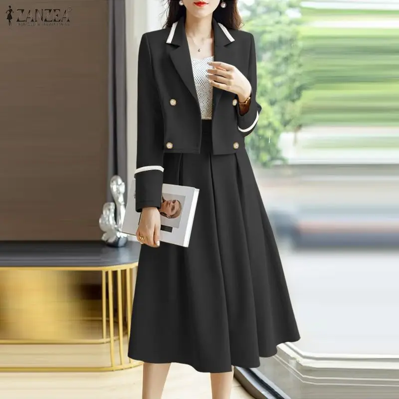 

ZANZEA Women's Elegant Chic Skirt Suits Contrast-Color Lapel Short Blazer & Midi Skirts 2 Pieces Sets Outfit Office Blazer Suits