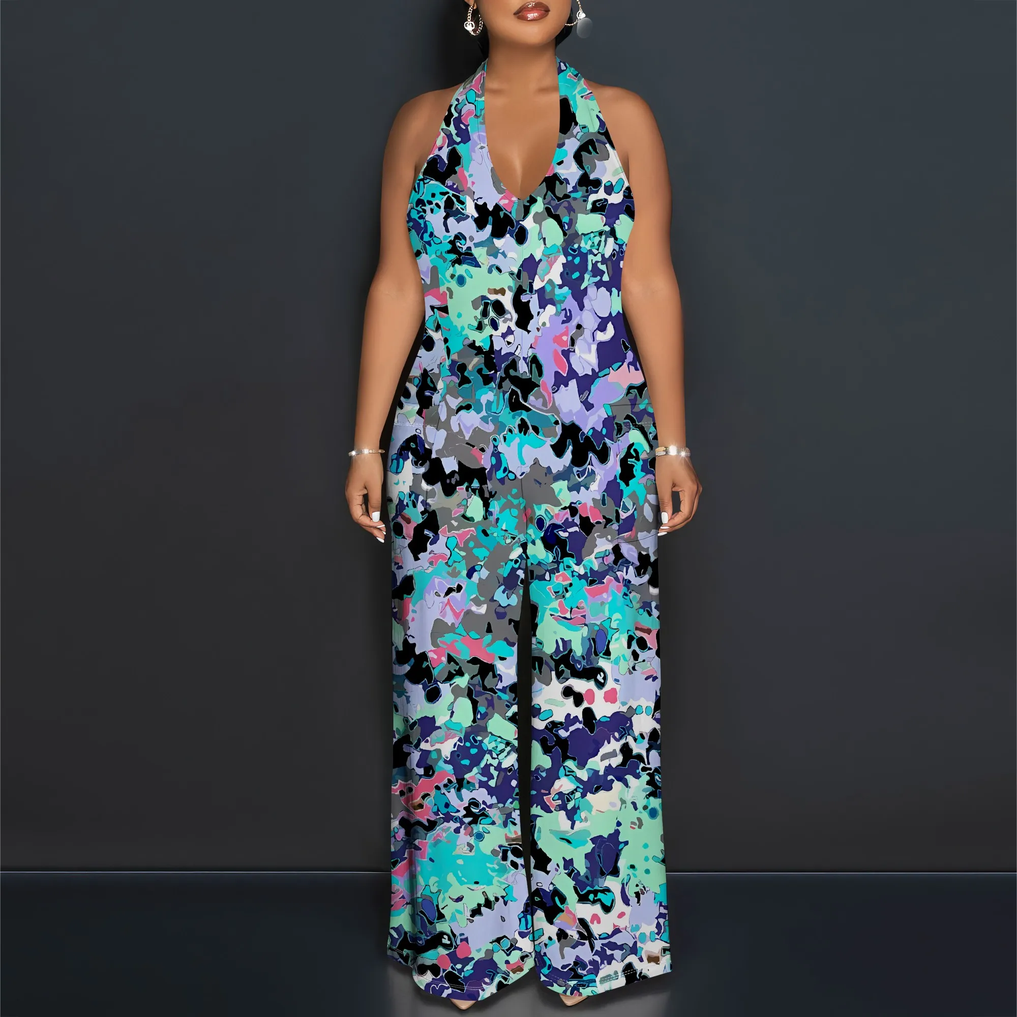 Nupusa Overall mit Blumendruck für Damen, normale Größe, Sommer, lässiger Neckholder-Overall mit weitem Bein