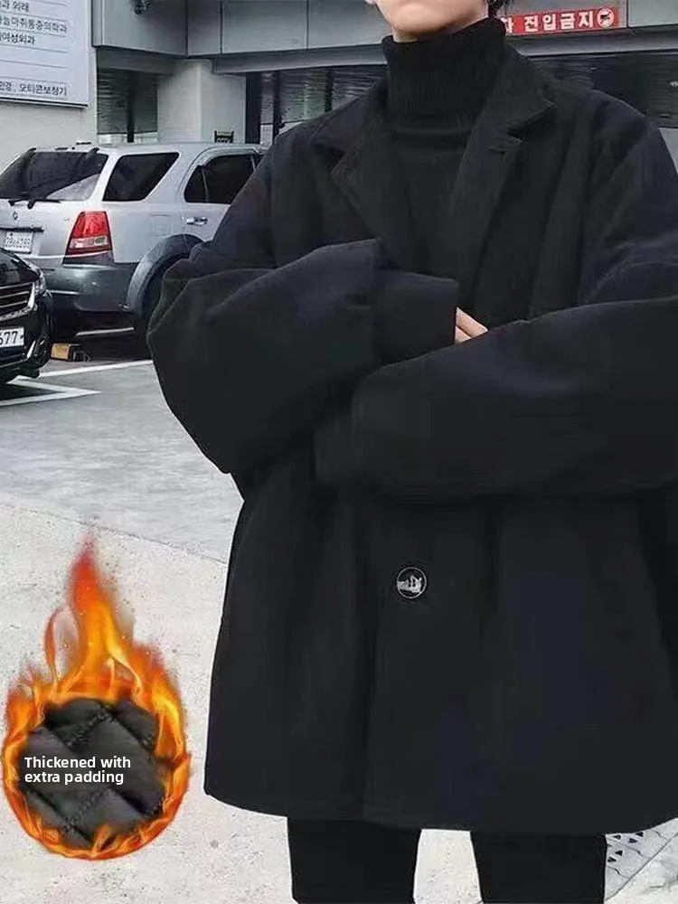 

Men's 2025 Autumn Winter Thiened Woolen Coat Loose Fit Faionable Ins Sle Youthful Energy Long Sve Single Button Closure