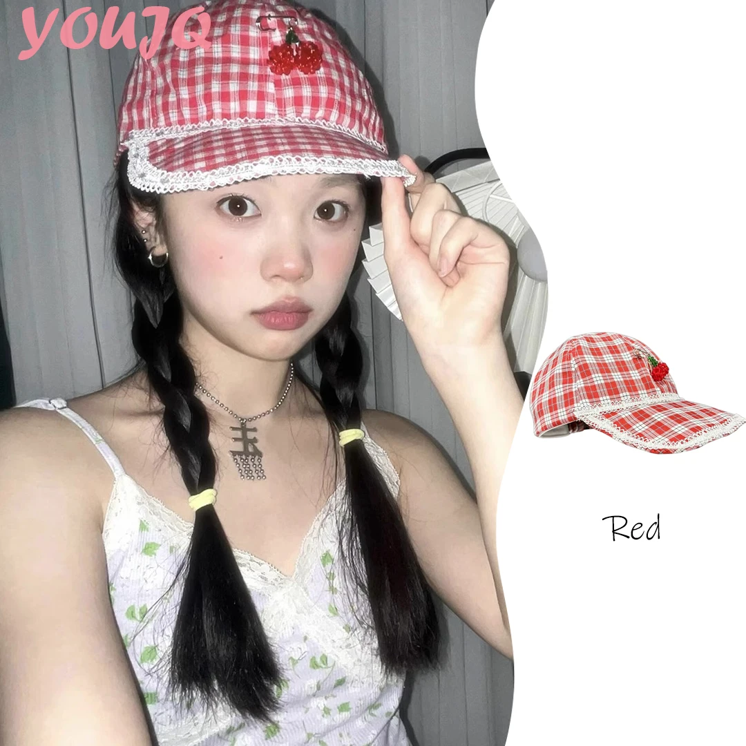 

Korean Creative Sunscreen Lace-Trimmed Cherry Brooch Hats for Women Sweet Red Plaid Hat Peaked Cute Baseball Cap Girls Gorros