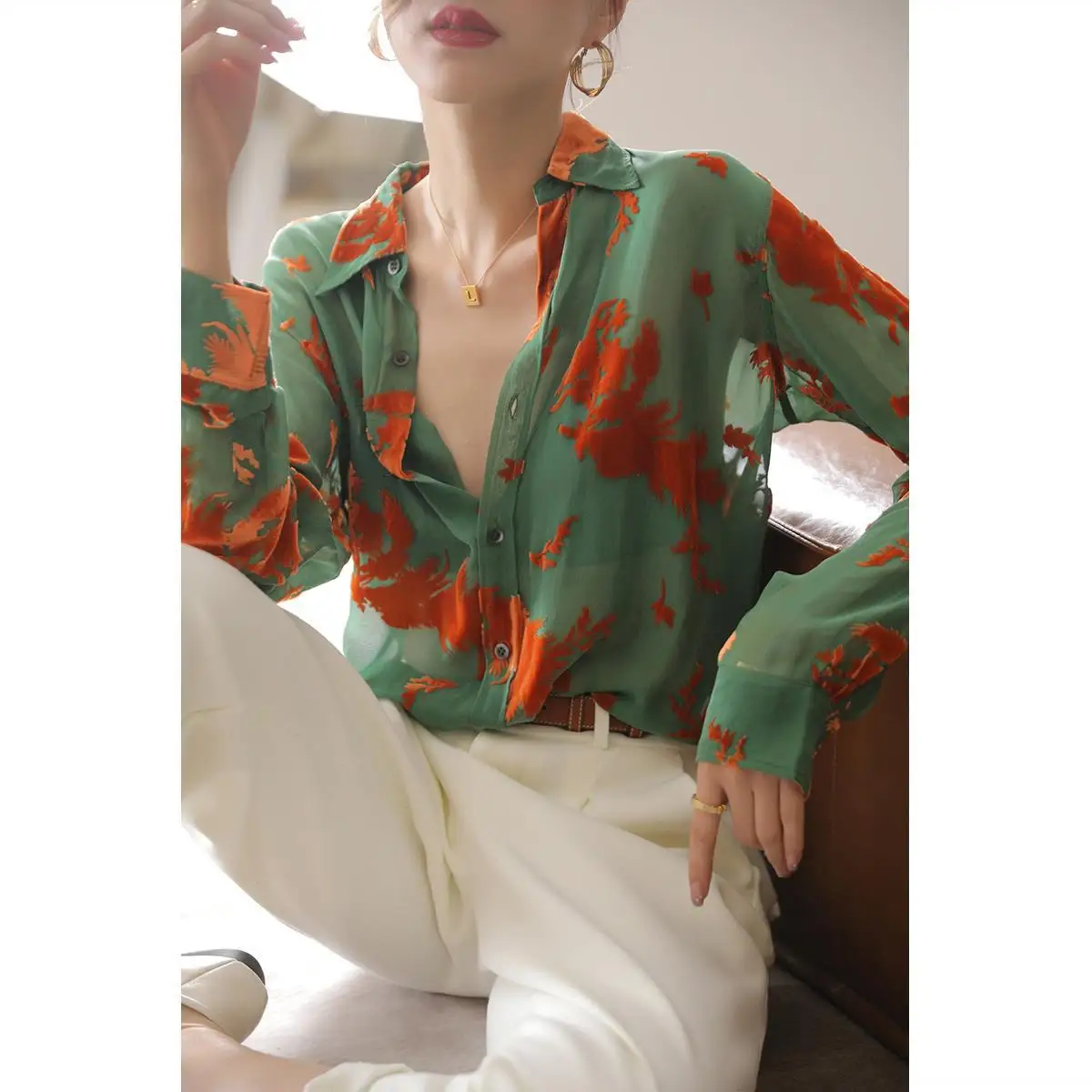 Summer Woman Clothes Thin Green Perspective Shirt Chiffon Tops Floral Sunscreen Chic Ins Elegant Youth Long Sleeve Polo-neck