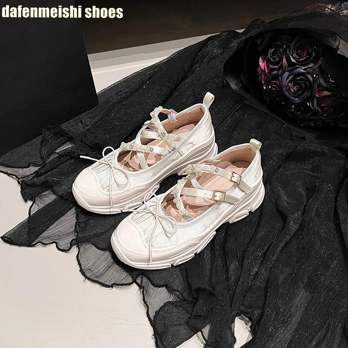 2024 Autumn New Platform Thick-Soled Ballerina Shoes Bow Lace Up Low-Cut Sprot Shoes Sandals Mary Jane Women's Trendy Shoes