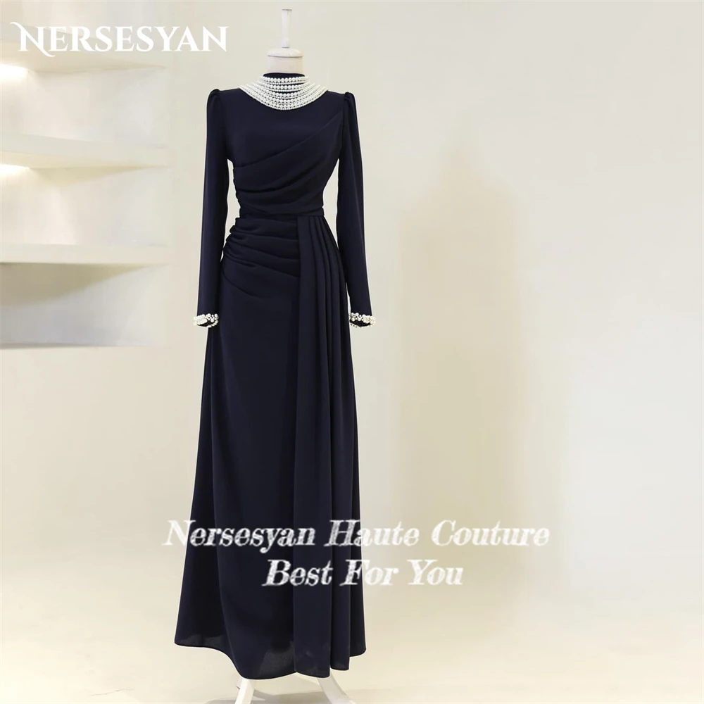 Nersesyan Solid Muslim Mermaid Formal Evening Dresses Pearls Long Sleeves Pleats Prom Dress Occasional Celebrity Party Gowns