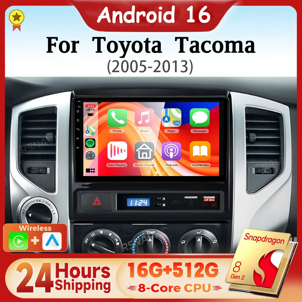 Android 16 Qualcomm Carplay Auto Screen Car Radio Multimedia Player For Toyota Tacoma 2 N200 Hilux 2005-2015 Stereo Snapdragon