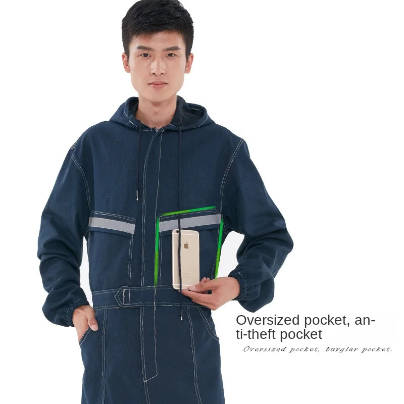 One-piece Work Clothes Welder Spray-painted Denim Suit Work Clothes Reflective Strip Long-sleeved Labor Protection Clothing