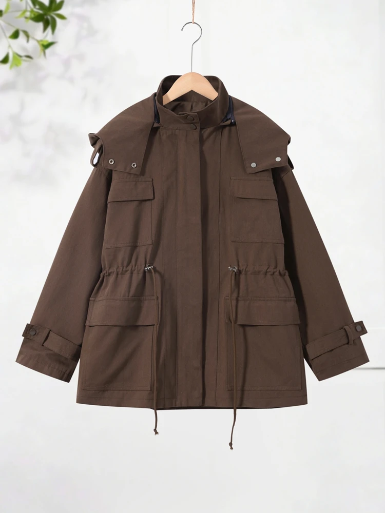 Kapuzenjacke mit Mehreren Taschen und Kordelzug für Damen, Streetwear-Stil mit Stehkragen, Epauletten, Langen Ärmeln, Locker Geschnittene Mäntel, Schicke Damen-Oberbekleidung – Detail 2