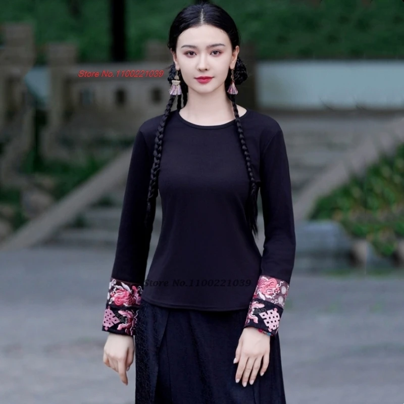 

2026 national flower embroidery o-neck folk shirt chinese traditional t-shirt vintage hanfu tops ethnic shirt retro base shirt