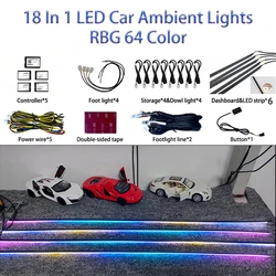 Car Ambient Lights18in1 Automobile atmosphere lamp acrylic light guide strip decorative car atmosphere light 64 color