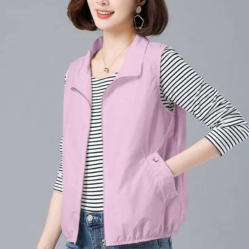 plus Size Women's Vest Summer New Style Hoodie Sleeveless Casual Outdoor Wear Loose Fit Short Length Zipper Closure