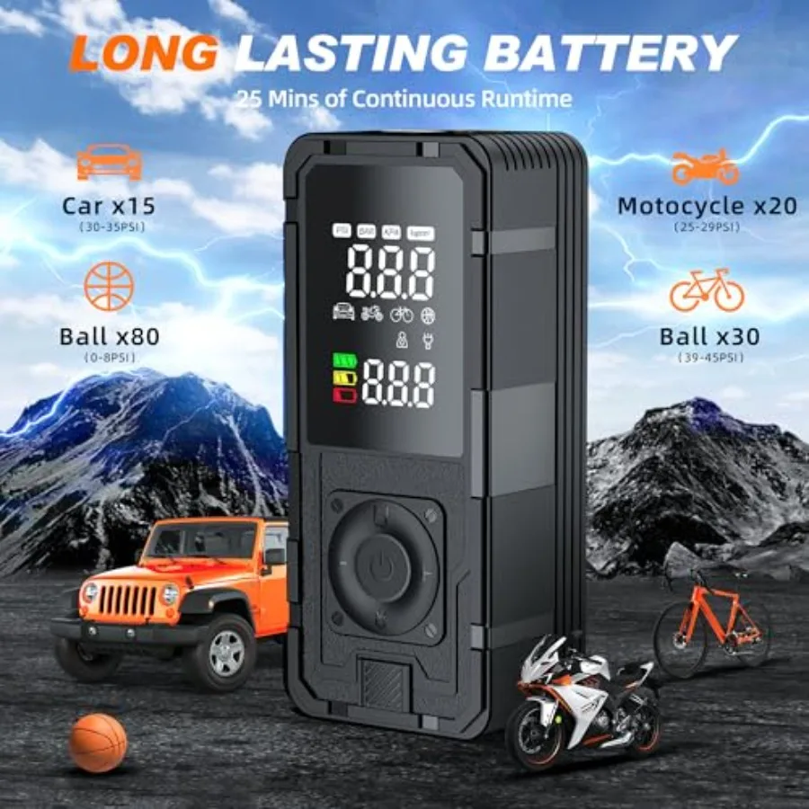 P10 Tire Inflator Portable Air Compressor with 33s Fast Inflation 20 Hose 150PSI Cordless Pump Featuring Dual Power Supply Digi