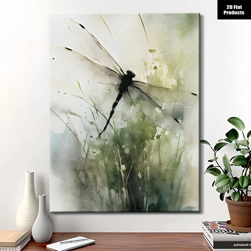(No frame)2D Flat, 2D Flat, 2D Flat 1pc 2D Flat Watercolor Artwork Featuring a Dragonfly in Flight, Perfect for Decorating Yo