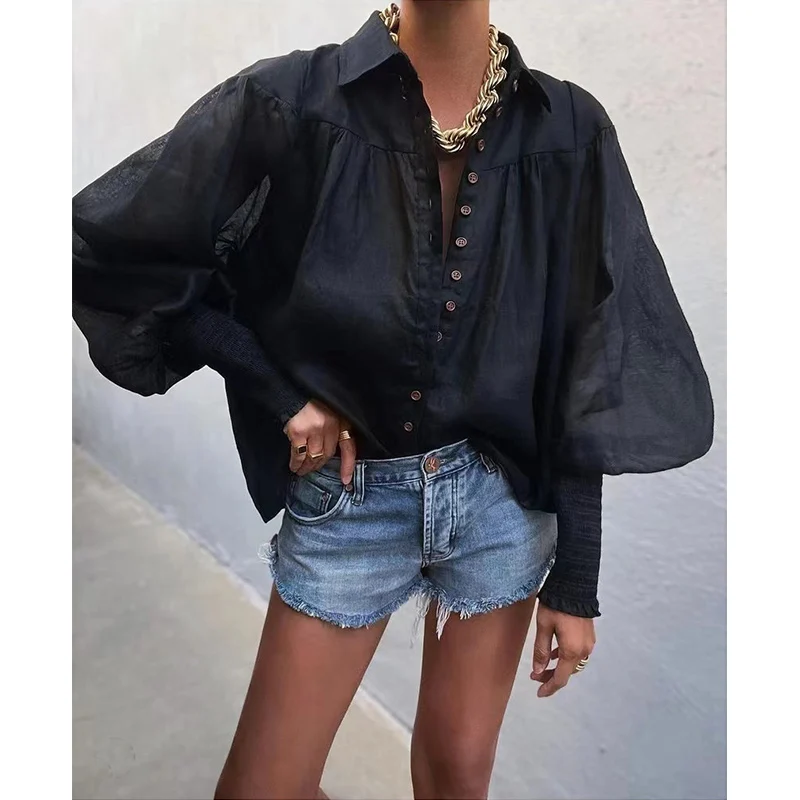 

Zhang Xiaoye Ins Sle Loose Long Sve Linen irt Women's Top New Model Autumn Button Closure Bla White Cotton Linen