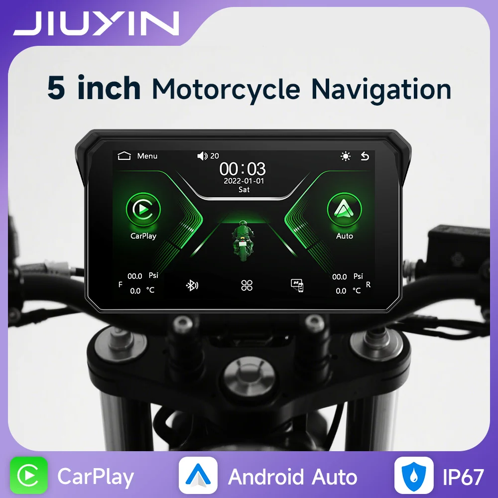

JIUYIN 5-дюймовый беспроводной GPS-навигатор для мотоциклов с CarPlay и Android Auto, портативный цифровой приборный GPS-навигатор, простая установка, универсальный.