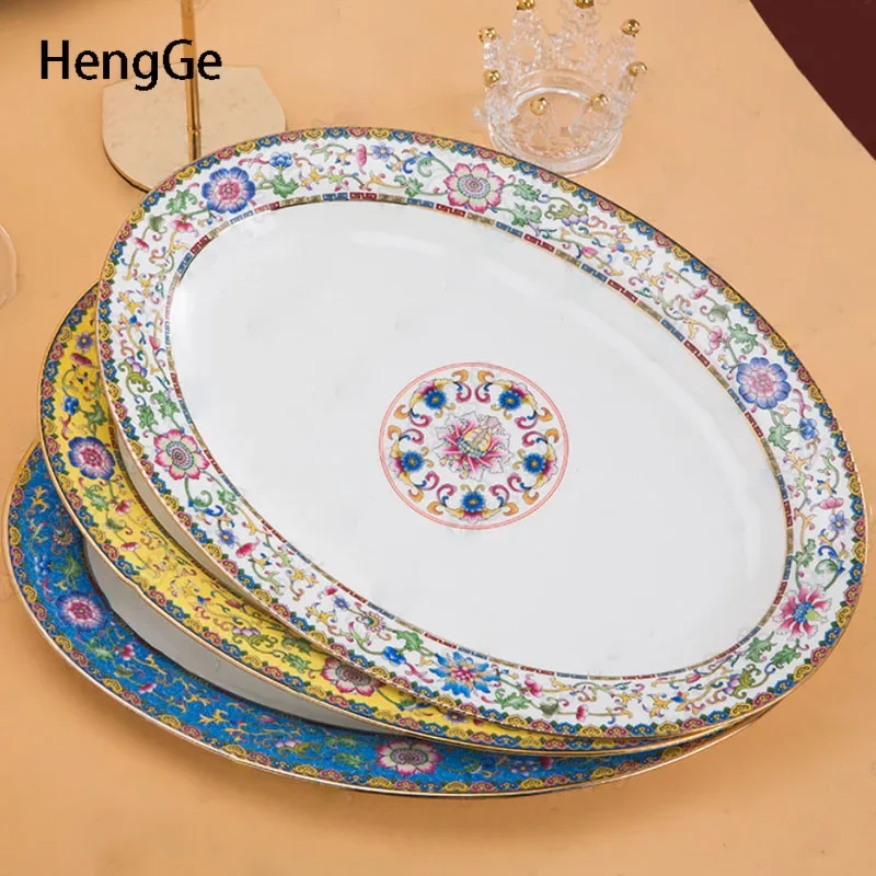 Elliptical Dining Plates Enamel Colored Ceramic Plate Large Size Fish Plate Chinese Retro Style Hotel  Household Tableware