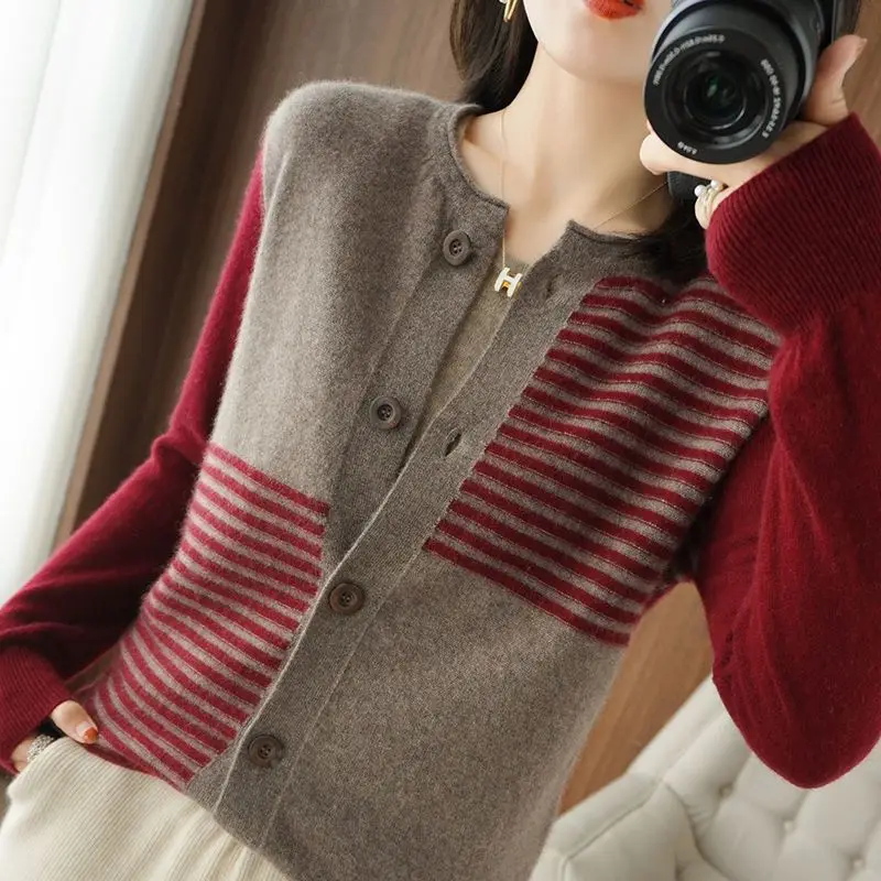 Autumn Winter New Temperament Striped Knitting Cardigan Coat Ladies Fashion Patchwork O-neck Sweater Women Clothing Vintage Tops