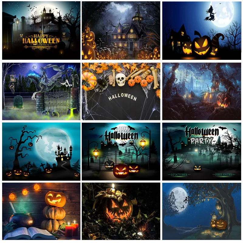 

Halloween Backdrop Pumpkin Lantern Castle Forest Moon Tombstone Baby Photography Background For Photo Studio Props 21802 WS-01