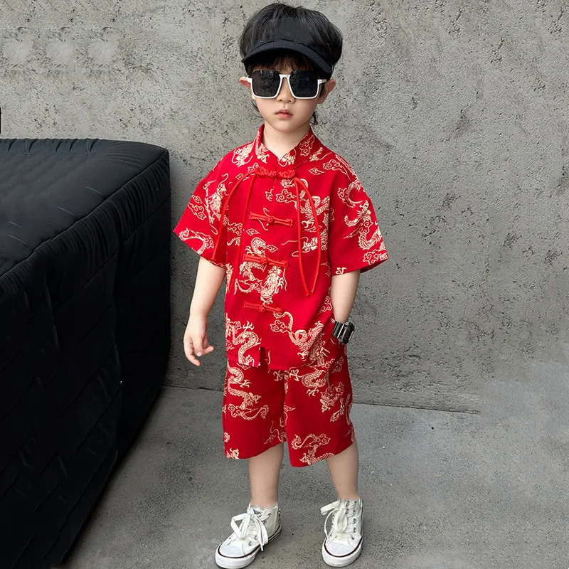 

Summer Short Sleeve Two-piece Set Kids Clothes Casual Boy Outfit Baby Tang Style Fashion Children's Sets Hanfu Suit Boys Costume