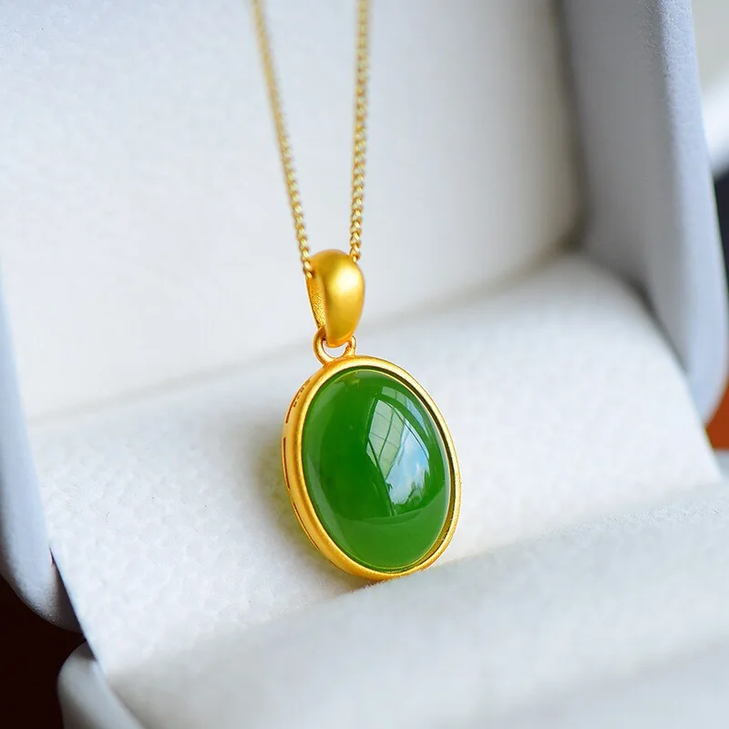 

Natural Hetian Jade Jasper Oval Cabochon S925 Silver Elegant Versatile Women'S Pendant Necklace