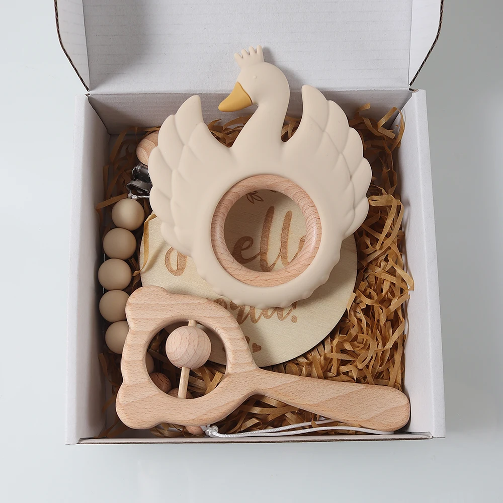 

Baby gift set swan teething toy gift box pacifier chain dummy clip infant essentials memory milestone props newborn soothing