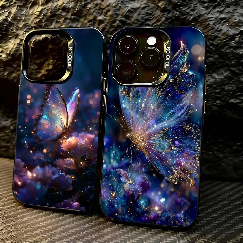 

G-Glow in the dark B-butterfly Phone Case For iPhone 17,16,15,14,13,12,11 Plus,Pro Max,XS,Colored Silver Plated Inside Cover
