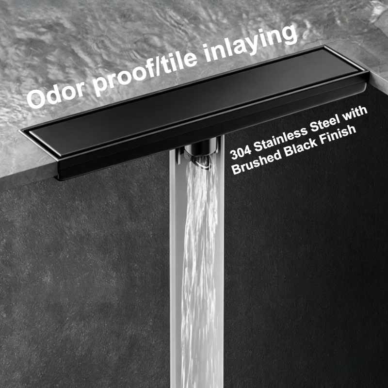 

Black Odor Resistant 304 Stainless Steel Shower Drain Invisible Tile-in Design 20/30/40/50cm for Engineering Hotel Shower Room