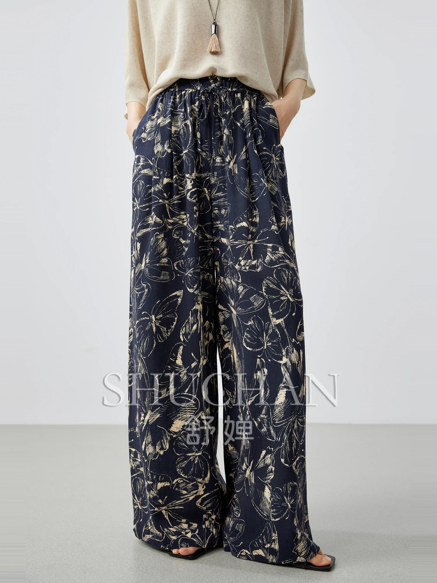 플랜트앤플라워스 2025 고품질, 해피 홀리데이, 통기성 좋은 린넨 밴딩 허리 캐주얼 와이드 팬츠 여성 25 여름