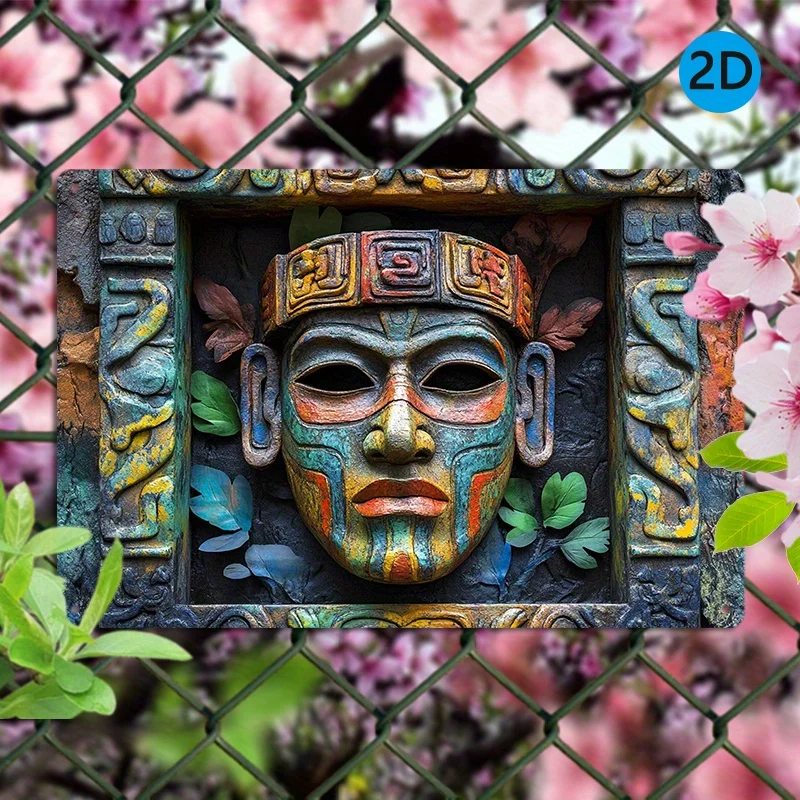 Vintage Aztec Mask Aluminum Wall Art - Durable & Fade-Resistant Metal Decor Sign for Home and Garage, Easy To Hang, 8X12 Inches