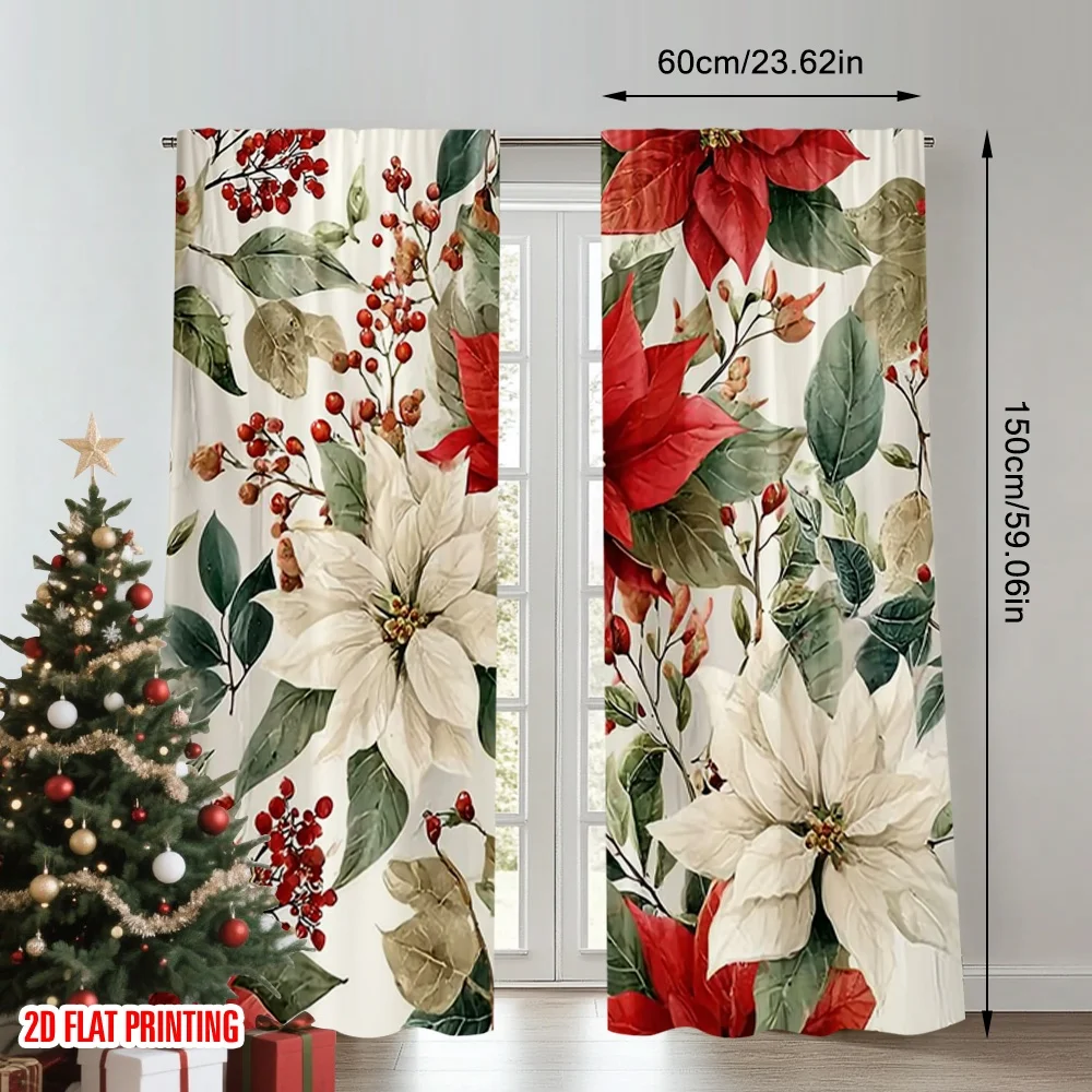 2 قطعة 2D الطباعة المسطحة عيد الميلاد الساخن ستائر الحفلات عيد ميلاد سعيد الأحمر يترك الرقمية المطبوعة البوليستر الستائر حفلة عيد ميلاد
